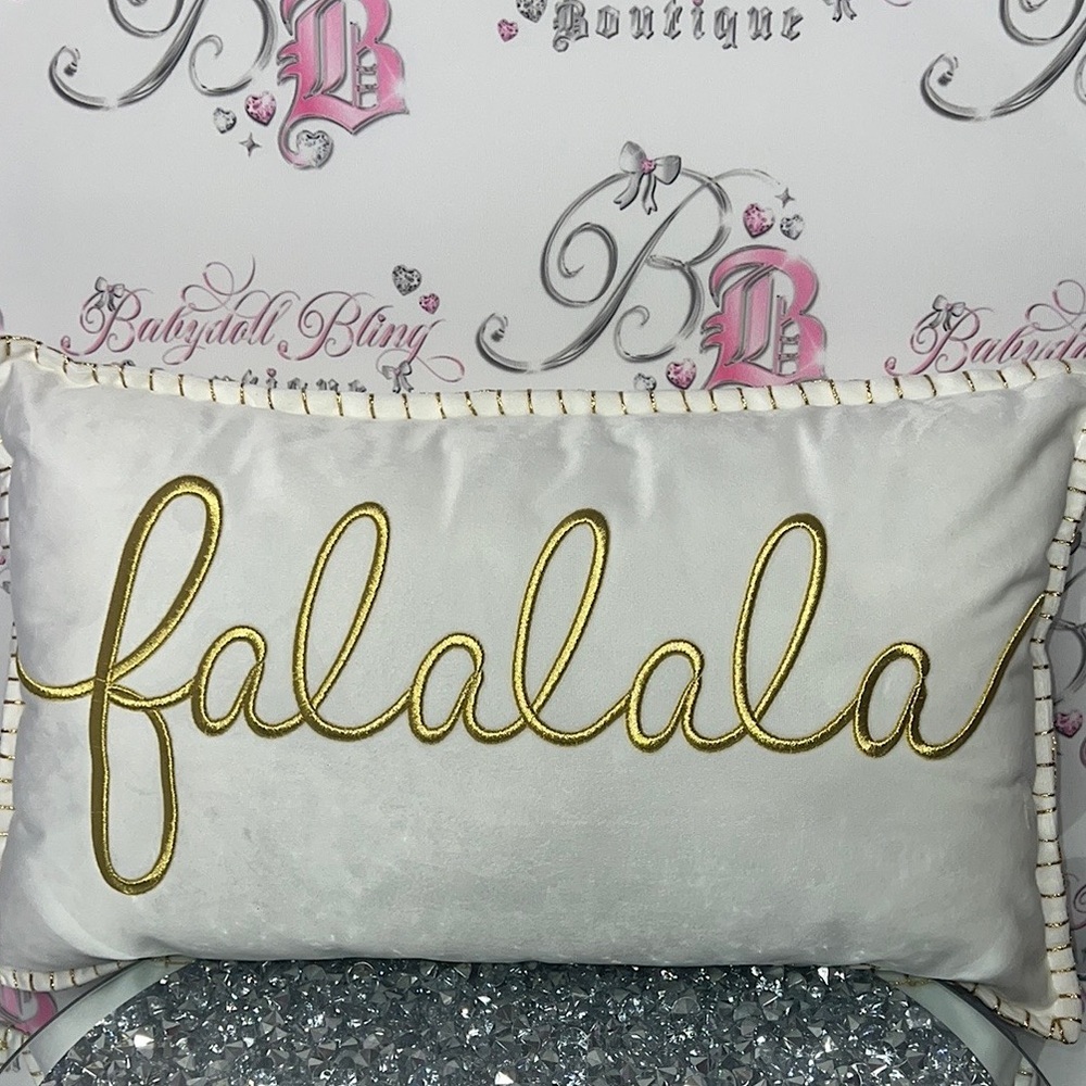 Falalala pillow Christmas decor white gold shimmer embroidered XMAS holidays